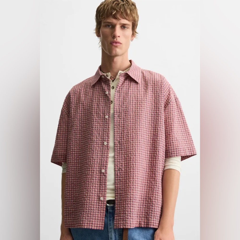 ZARA Men’s Loose-fitting Short Sleeve Textured Button Front, New XL